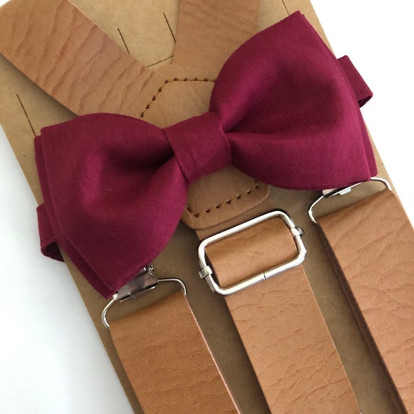 Burgundy Bow Tie and Tan Brown Leather Suspenders. Groomsmen Leather Suspenders. Ring bearer Burgundy Maroon Bow Tie. Brown Leather.