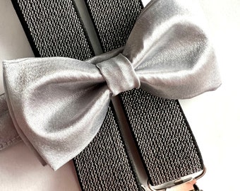 Silver Bow Tie and Silver Glitter Suspenders set. /Adults/ Kids