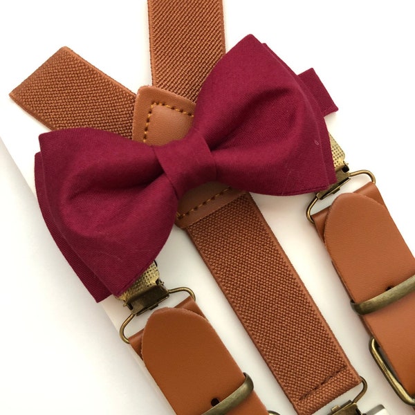 Brown Elastic Suspenders and Burgundy Bow Tie Set Groomsman/ Ring Bearer 1 inch Kids/Adults