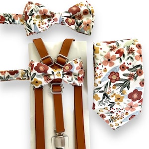 Floral Brown Flowers Bow Tie and Brown Leather Suspenders. Groomsmen Floral Bow Tie. Floral Necktie.