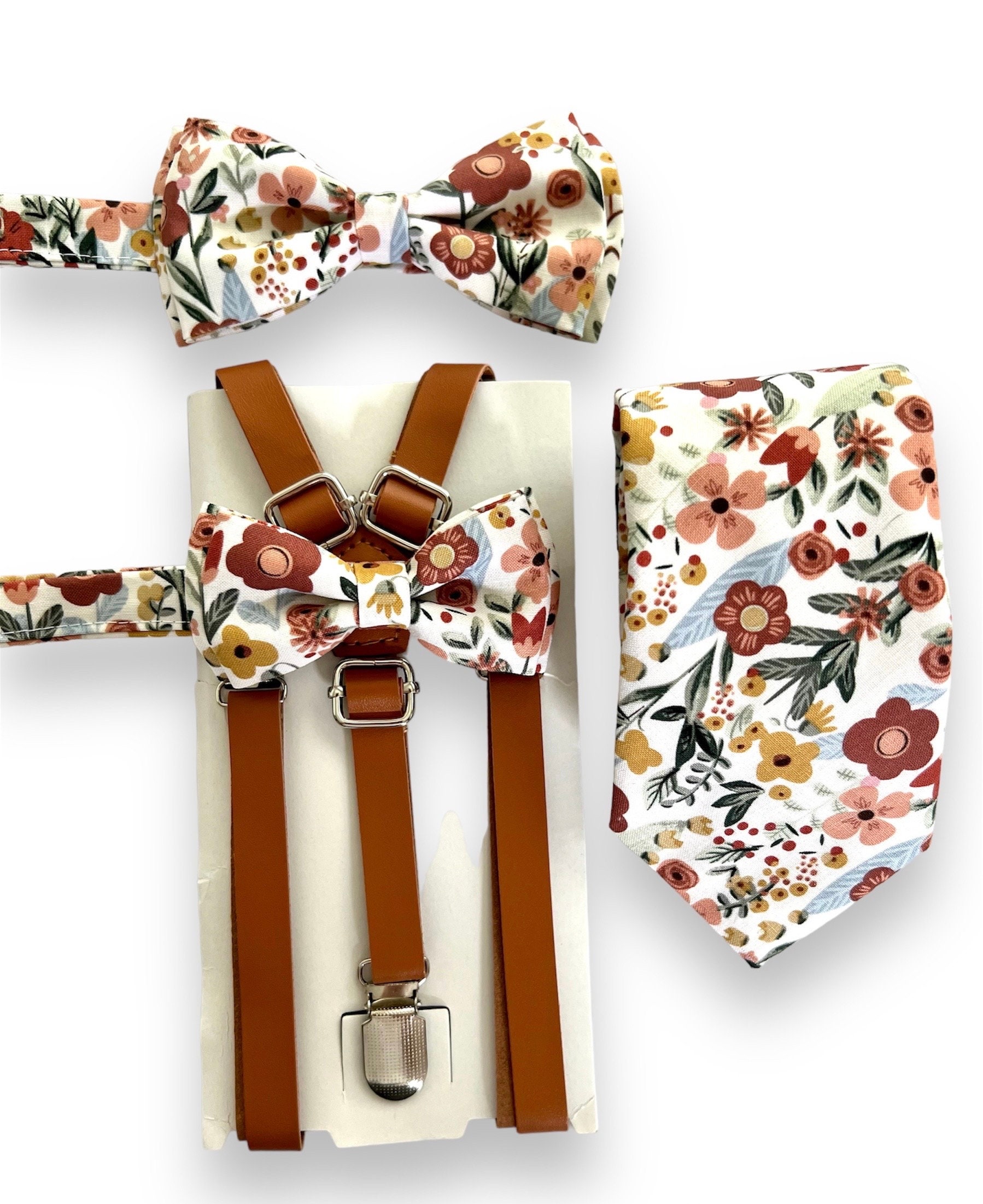 Floral Brown Flowers Bow Tie and Brown Leather Suspenders. Groomsmen Floral Bow Tie. Floral Necktie.
