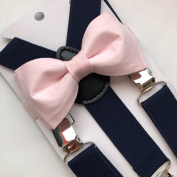 Blush Pink Bow Tie and  Navy Blue Suspenders Set/ Two Piece Set. Blush Bow Tie. Kids/Adults. Navy Suspenders