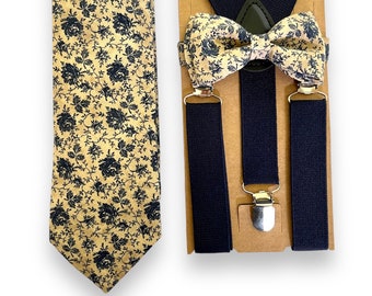 Floral Navy Flowers Bow Tie and Navy Elastic Suspenders. Groomsmen Floral Navy and Knaki Bow Tie.