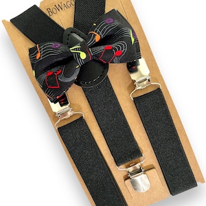 Kids Black Musical Bowtie/Suspenders set. Classic Black Musical Bow Tie and Elastic Suspenders