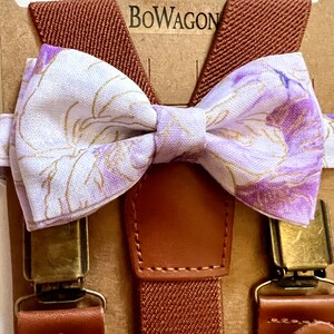 Lilac  Floral  Spring Flowers Bow Tie and Brown Buckle Suspenders Groomsman/ Ring Bearer 1 inch Kids/Adults