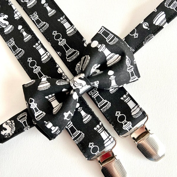 Chess Bow tie Suspenders set. Classic Chess Bow Tie and Matching Chess Suspenders. Chess Games suspenders.