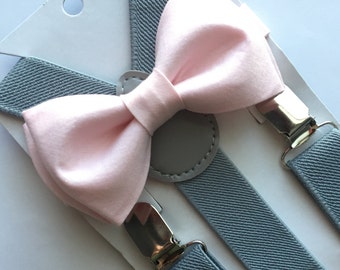 Light Pink Bow Tie and Light Grey Suspenders Set/ Two Piece Set. Blush Bow Tie. Kids/Adults. Easter Bow tie.