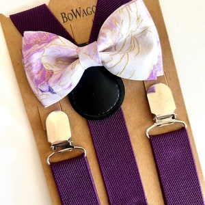 Lilac Floral Purple and Gold Bow Tie and Purple Eggplant Suspenders Set. Adults/Kids