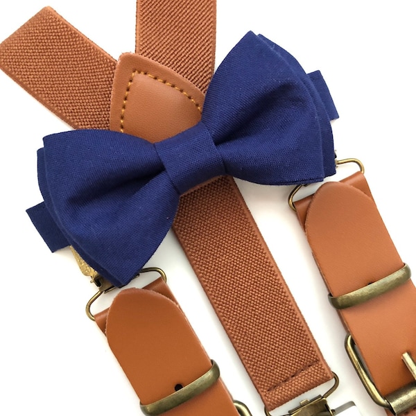 Brown Elastic Suspenders and Navy Blue Bow Tie Set Groomsman/ Ring Bearer 1 inch Kids/Adults