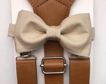 Vintage Tan Leather Suspenders and Champagne/Cream Bow Tie . Leather Suspenders.