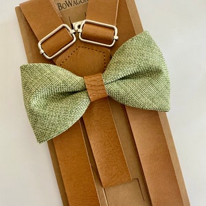 Sage Olive Burlap Bow Tie. Tan Leather Suspenders Groomsman/ Ring Bearer 1 inch Suspenders Kids/Adults