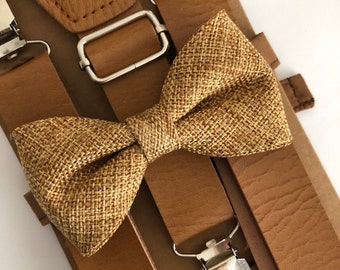 Burlap Brown Bow Tie. Leather Tan  Suspenders and Brown Burlap Bow Tie Set Groomsman/ Ring Bearer 1 inch Suspenders Kids/Adults