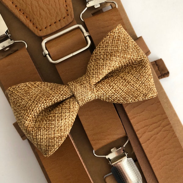 Burlap Brown Bow Tie. Leather Tan  Suspenders and Brown Burlap Bow Tie Set Groomsman/ Ring Bearer 1 inch Suspenders Kids/Adults