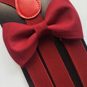 Burgundy/Maroon Bowtie/Suspenders Set. Burgundy Pocket Square.