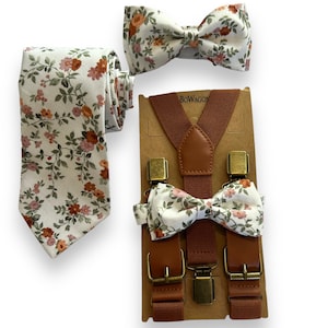 Floral Brown Flowers Bow Tie and Brown Elastic Suspenders. Groomsmen Floral Bow Tie.