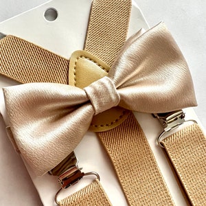 Champagne/gold bow tie and cream/beige suspenders set. Kids/Adults