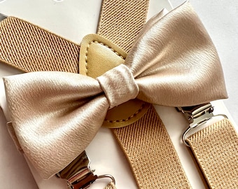 Champagne/gold bow tie and cream/beige suspenders set. Kids/Adults