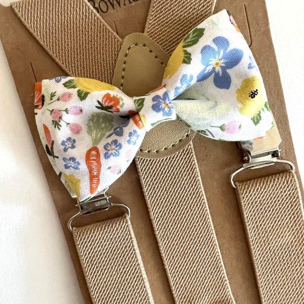 Easter Carrots Floral Bow Tie and Suspenders Sets. Adults/Kids Easter Garden bow tie. Easter Suspenders Set. Beige Suspenders Set.
