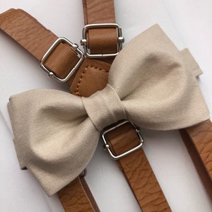 Vintage Tan Leather Suspenders and Champagne Cream Bow Tie. Groomsmen Champagne Bow tie.