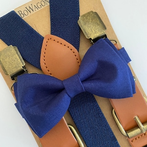Kids Navy Blue Buckle Elastic Suspenders and Navy Bow Tie Set Groomsman/ Ring Bearer 1 inch Kids/Adults