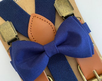 Kids Navy Blue Buckle Elastic Suspenders and Navy Bow Tie Set Groomsman/ Ring Bearer 1 inch Kids/Adults