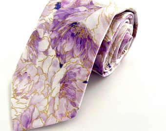 Lavender Lilac Purple and Gold Floral Necktie. Light Purple Spring Lilac NeckTie. Lavender Floral Easter Necktie, Bowtie Adults.