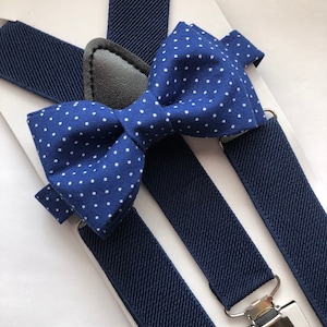 Navy Blue Bowtie/White Polka Dot/Navy Suspenders Set. Navy Bow Tie Set!