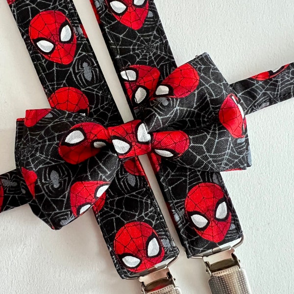 Kids and Adults Superhero Spider Suspenders/ Bow Tie Set! Kids Superhero Suspenders.