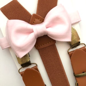 Brown Elastic Suspenders and Blush Bow Tie Set Groomsman/ Ring Bearer 1 inch Kids/Adults