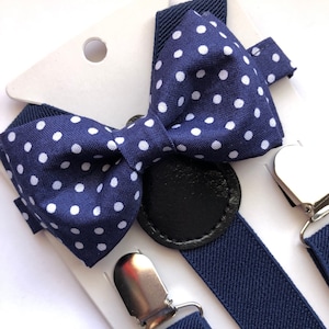 Navy Blue Bowtie/White Polka Dot/Navy Suspenders Set. Navy Bow Tie Set!