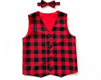 Buffalo Plaid Vest and Bow Tie Kids. Christmas Vest and Bow tie.