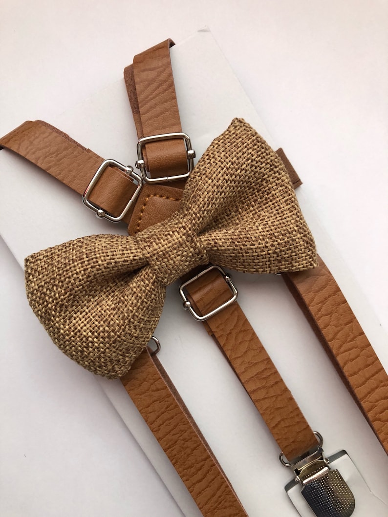 Vintage Tan Leather Suspenders and Brown Burlap Bow Tie Set Two Piece Set KidsAdults