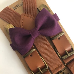 Brown Elastic Suspenders and Eggplant Bow Tie Set Groomsman/ Ring Bearer 1 inch Kids/Adults. Dark Purple bow tie set.