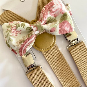 Floral Light Pink Bow Tie and Beige Suspenders Sets. Adults/Kids Floral bow tie. Easter Suspenders Set.
