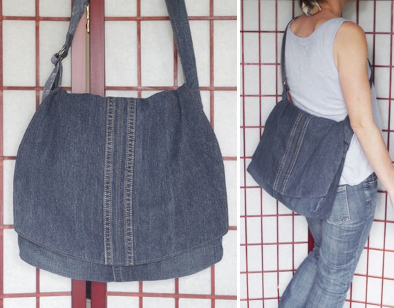 Upcycled Jeans Bag with Flap and Adjustable Strap Handmade | Etsy