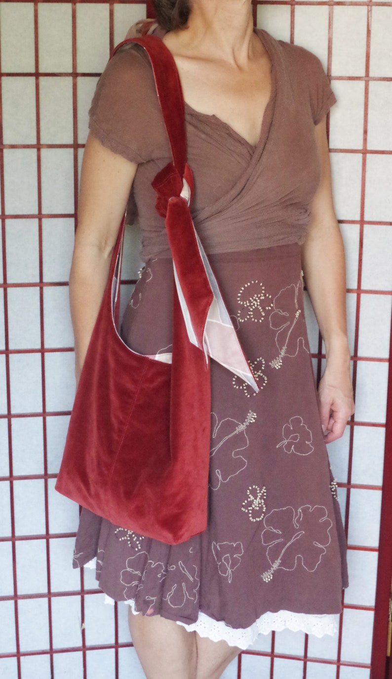 Velvet Hobo Cross Body Bag Handmade Bohemian Tote with Adjustable Strap Recycled Fabric Rust Tote Ecofriendly Reversible Hippie Boho Bag