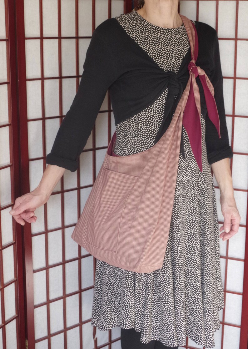 OOAK Ecofriendly Upcycled Hippie Boho Cross Body Reversible Maroon and Checkered Hobo Sling Bag with Pockets Handmade from Recycled Fabrics