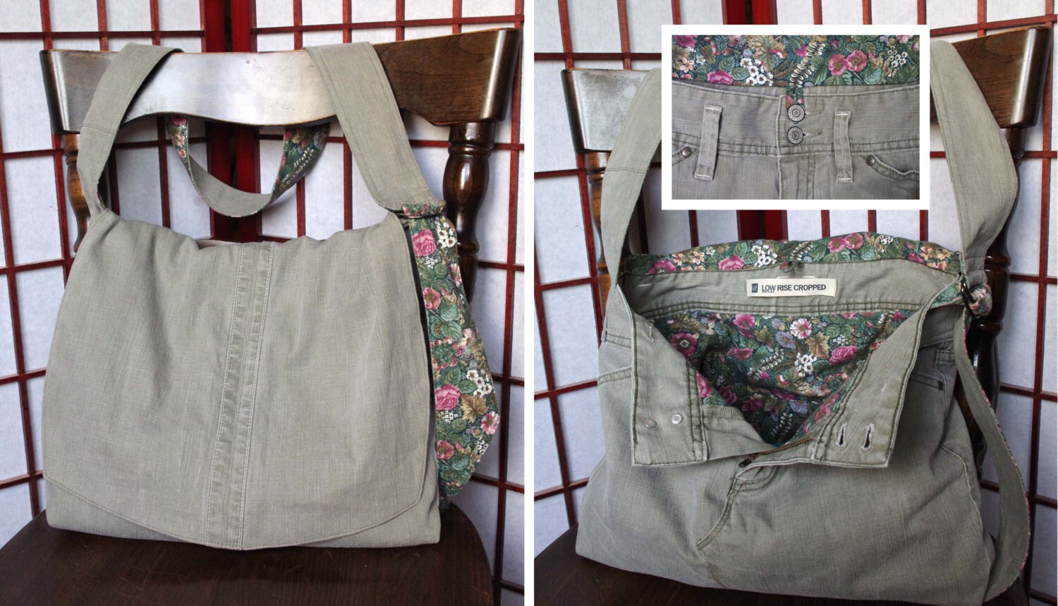 Large Recycled Denim Messenger Bag ecofriendly khaki jeans Etsy
