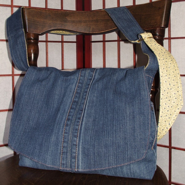 Recycled Denim Messenger Bag - Homemade Jeans Bag - adjustable strap - extra pockets - cross body messenger bag - fabric bag - yellow lining