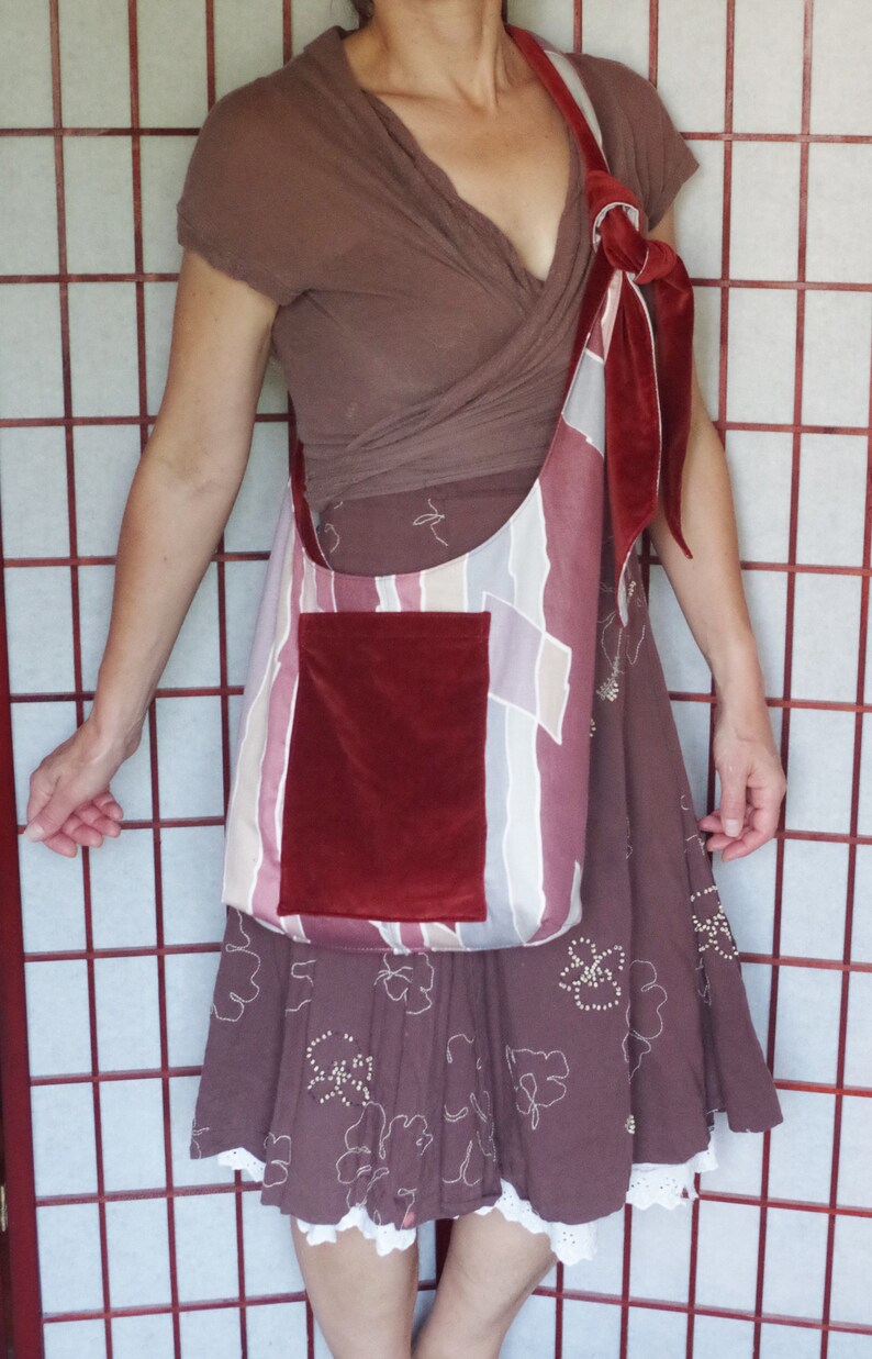 Velvet Hobo Cross Body Bag Handmade Bohemian Tote with Adjustable Strap Recycled Fabric Rust Tote Ecofriendly Reversible Hippie Boho Bag