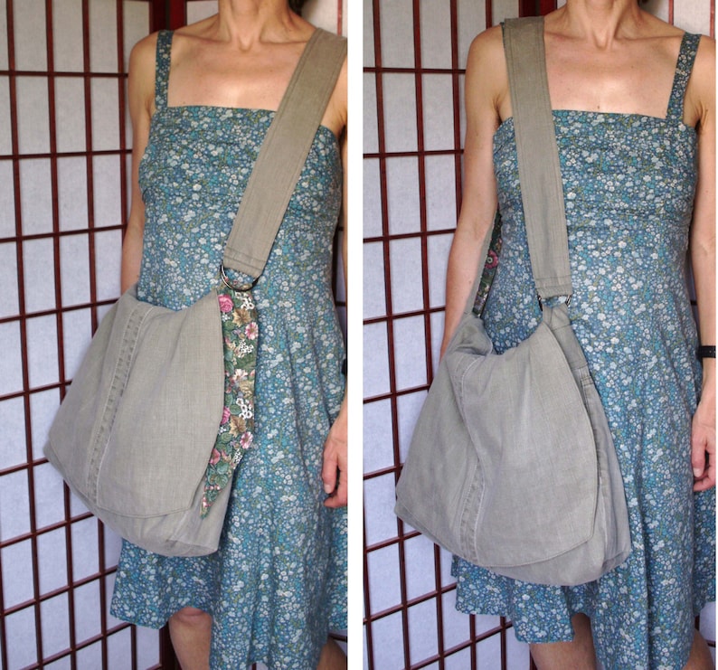 Large Recycled Denim Messenger Bag ecofriendly khaki jeans Etsy