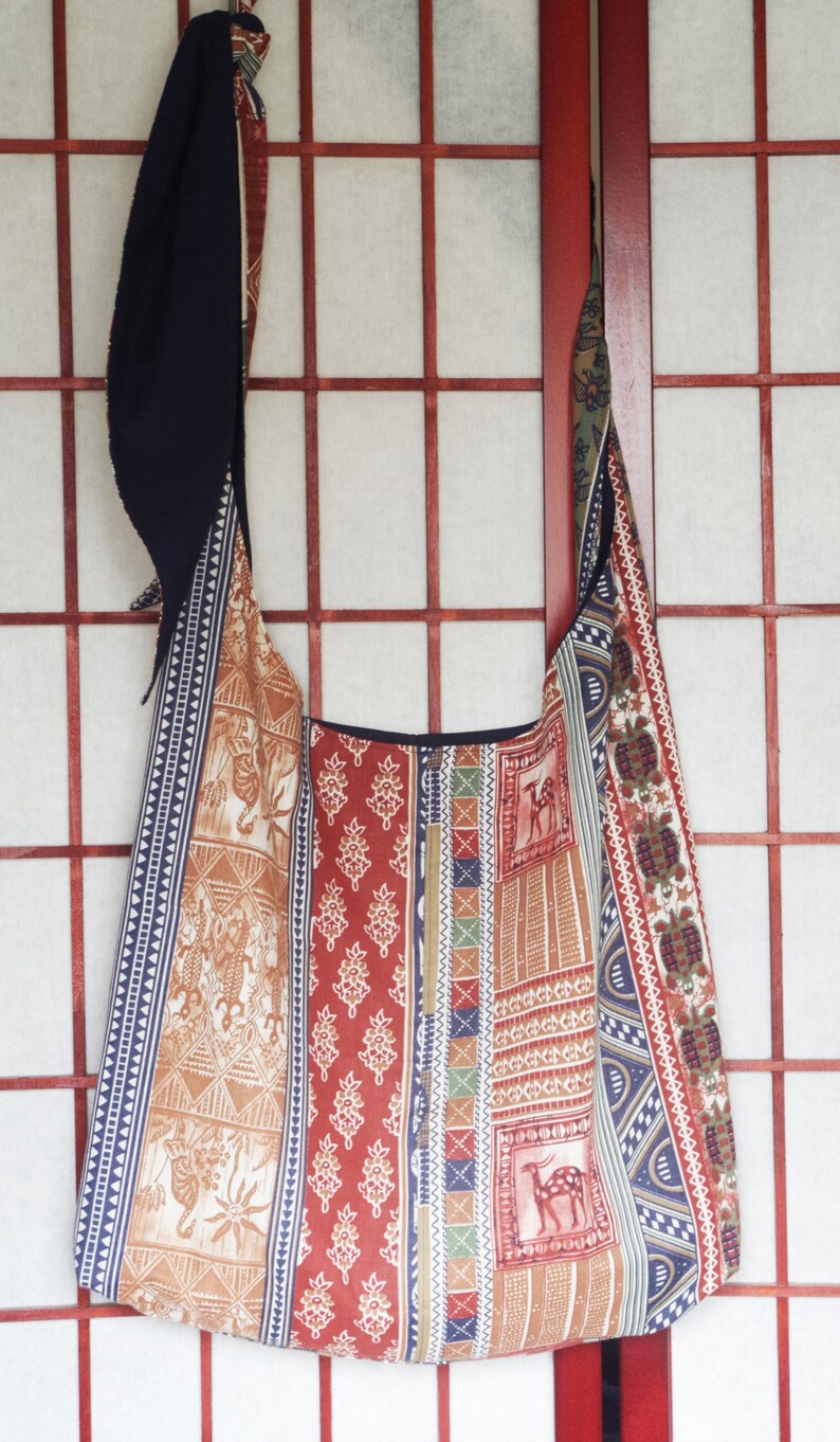 Bohemian Hobo Sling Bag Navy Hippie Boho Cross Body Handmade from Ecofriendly Fabrics Reversible Tote with Adjustable Strap and Pockets