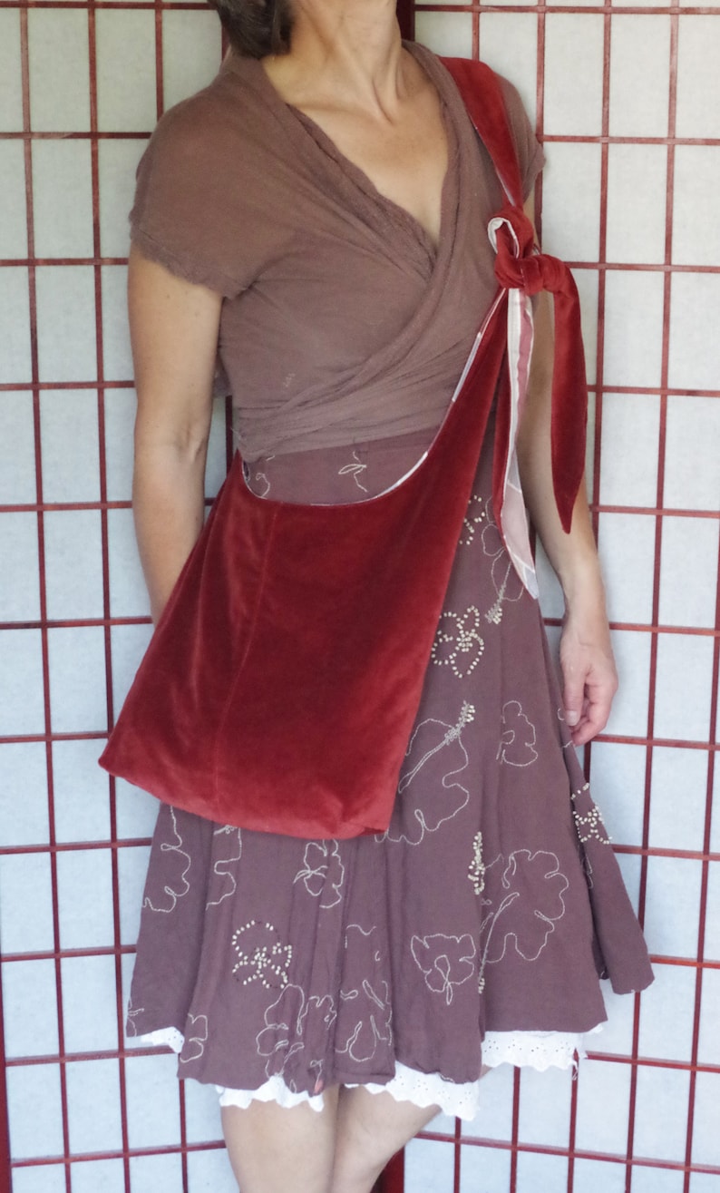Velvet Hobo Cross Body Bag Handmade Bohemian Tote with Adjustable Strap Recycled Fabric Rust Tote Ecofriendly Reversible Hippie Boho Bag