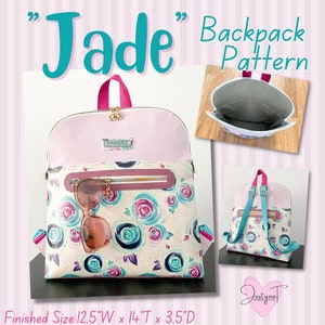 May include: A pink and white floral backpack with a zipped pocket and a gold charm. The backpack is 12.5 inches wide, 14 inches tall, and 3.5 inches deep. The backpack is shown with a pair of sunglasses inside.
