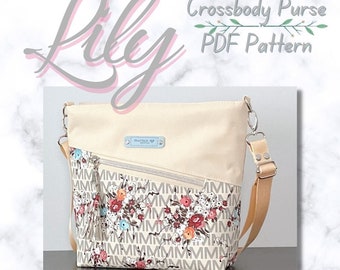 PDF Pattern Download - "Lily" Angle Front Pocket Crossbody Purse / 3 Outer Pockets and 3 Inside Pockets / Instructions with Pictures