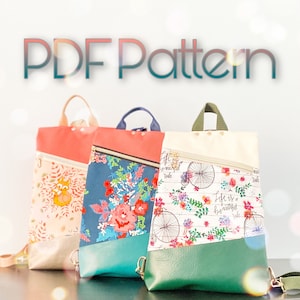 May include: Three different fabric backpacks with zipper closures. The backpacks are made of different fabrics with floral, bicycle, and leaf patterns. The backpacks are all in different colours, including pink, green, blue, and white.