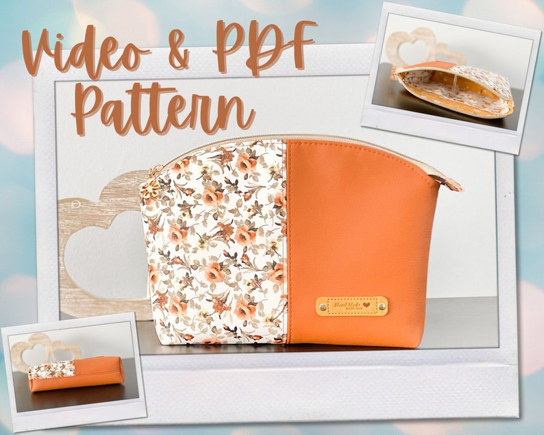 May include: A floral and orange fabric makeup bag with a zipper closure and a gold label that says "Made with Love".
