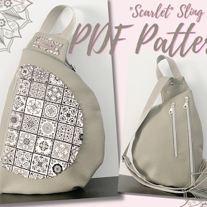 Puede incluir: Un bolso bandolera gris con una solapa con estampado decorativo y dos bolsillos con cremallera. El bolso está etiquetado como "Scarlet" Sling Bag PDF Pattern.
