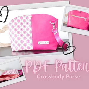 May include: A pink crossbody purse with a white and pink patterned fabric on one side. The purse has a silver zipper and a silver chain strap. The text "PDF Pattern Crossbody Purse" is written in white on a pink background.