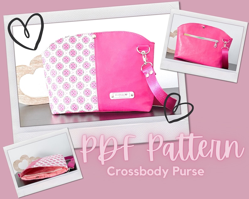 May include: A pink crossbody purse with a white and pink patterned fabric on one side. The purse has a silver zipper and a silver chain strap. The text "PDF Pattern Crossbody Purse" is written in white on a pink background.